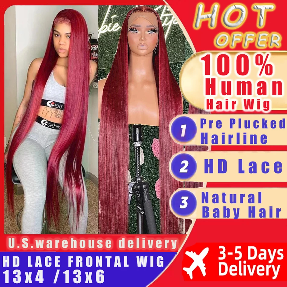 30 36 Inch Burgundy 13x6 Hd Lace Frontal Human Hair Wig On Sale Bone Straight Lace Front 99J Colored Human Hair Wigs For Women