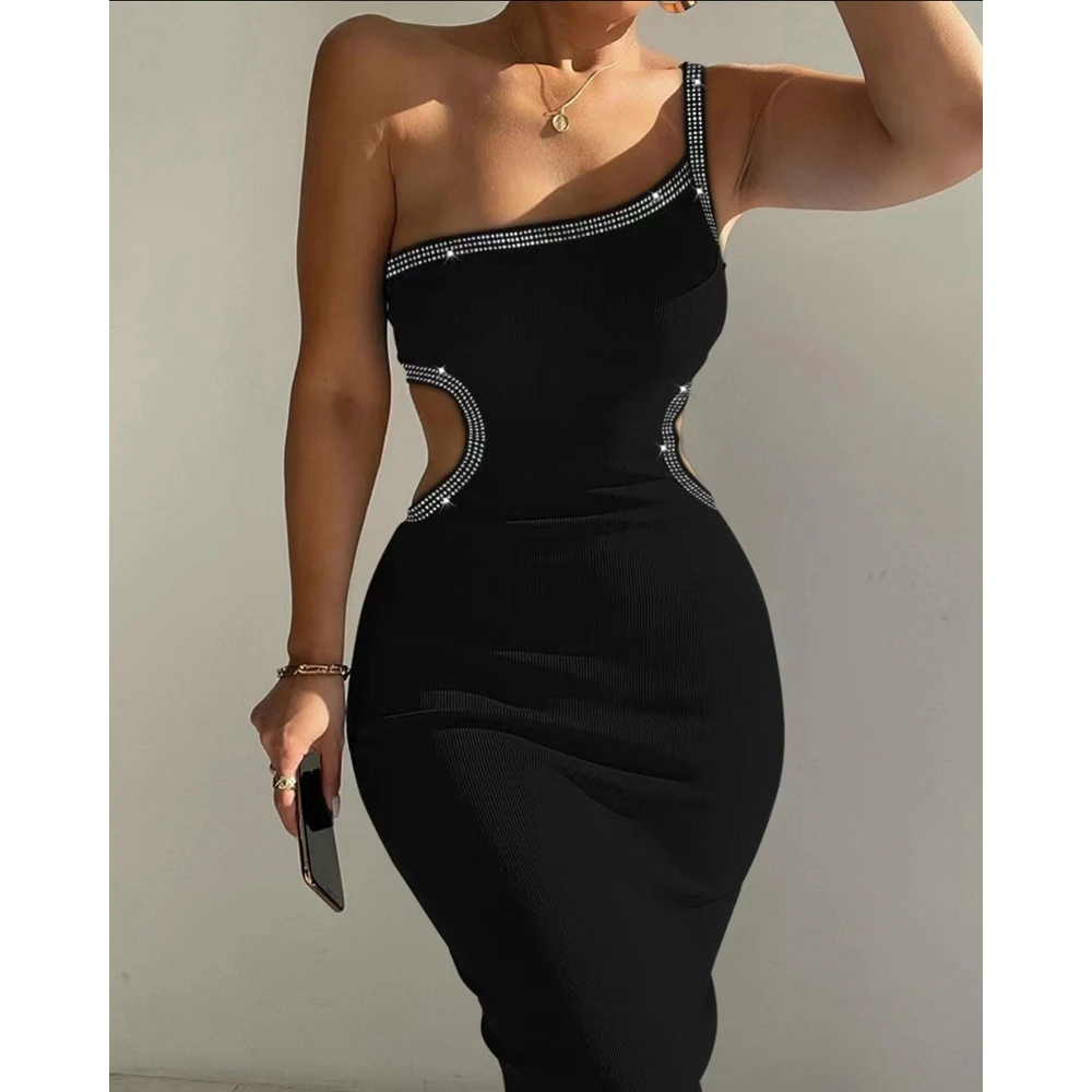 

2024 Summer Fashion Women Rhinestone Cutout One Shoulder Bodycon Dress Sleeveless Casual Black Midi Dress Street wear