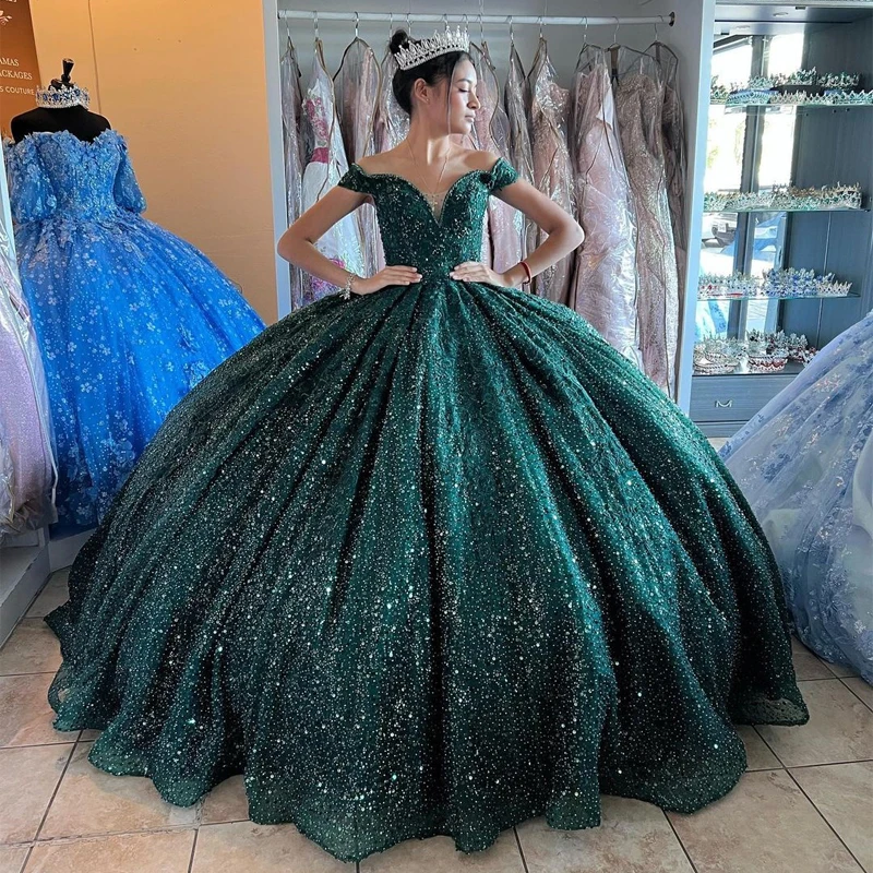 Green Sparkling Crystal Quinceanera Dress Off Shoulder Applique Prom Dress Piece Fluffy Sweet Princess Pageant Party Dress