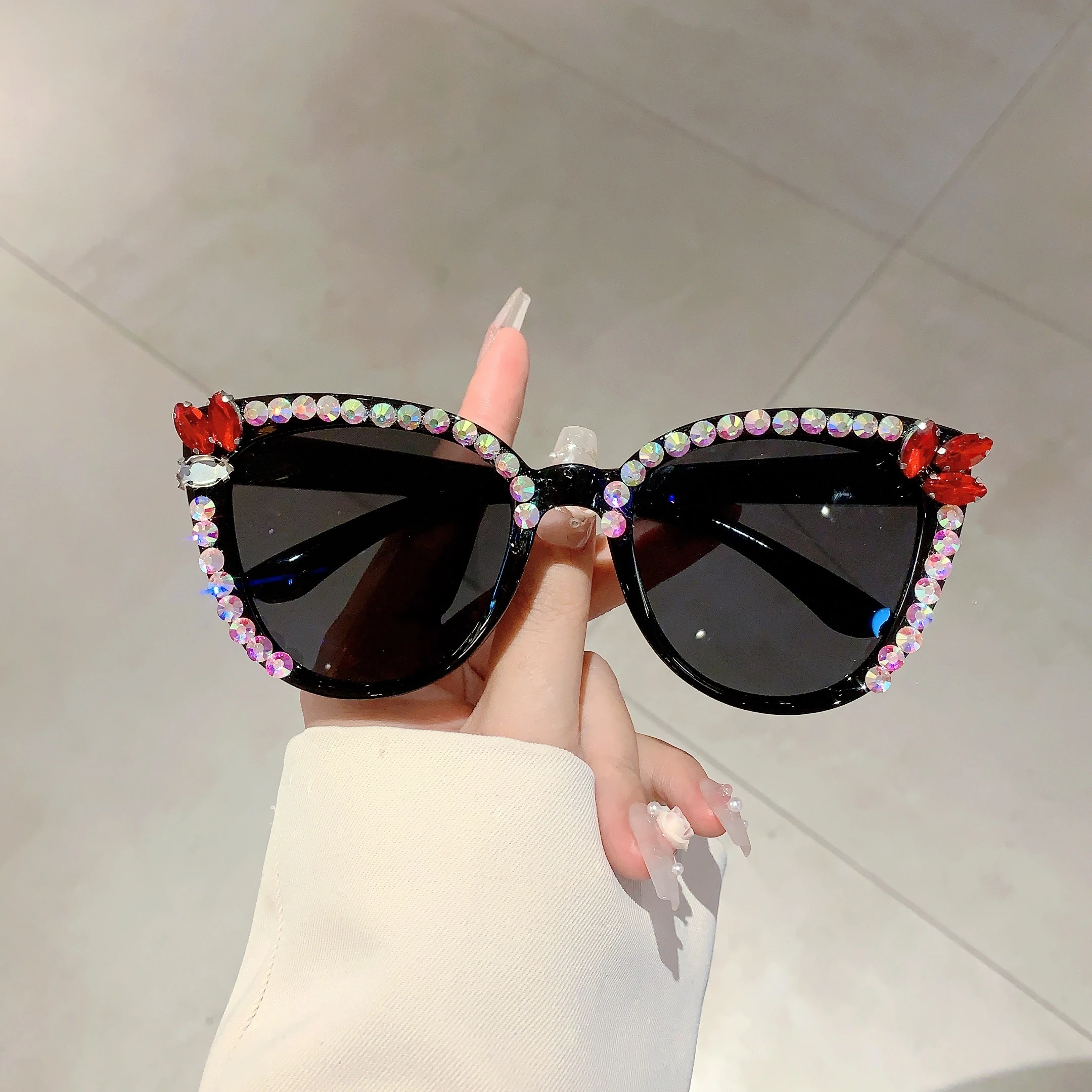 KAMMPT Vintage Cat Eye Sunglasses with Rhinestones Women Fashion Candy Color Gradient Sun Glasses Trendy Original Design Shades