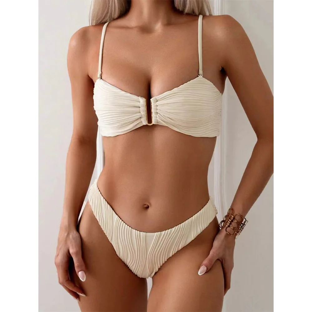 

Cikini Summer Beach Solid Textured Spaghetti Strap Bikini Set Two-Piece Sexy Swimwear Bathing Suit For Wome