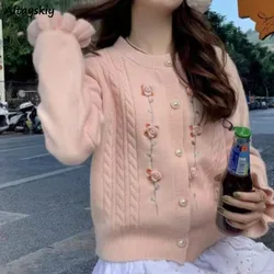 Sweet Cardigans for Women Flare Sleeve Knitted O-neck Autumn Winter Clothing Students Lovely Girls All-match Chic Korean Style