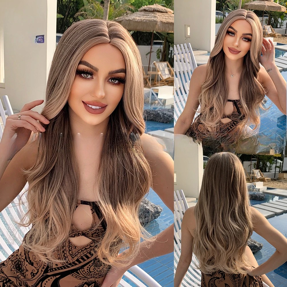 

Wig female European and American brown gradual change medium length curly hair rose mesh high temperature silk wig headgear