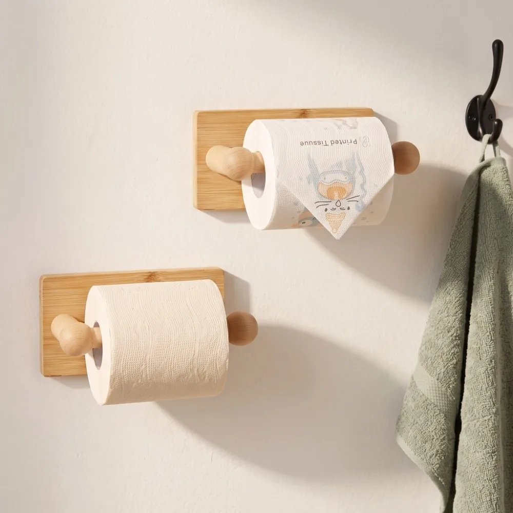Modern Bamboo Toilet Paper Holder Wood Grain Retro Paper Towel Rack Rustroof Drill-Free Paper Roll Stand Bathroom