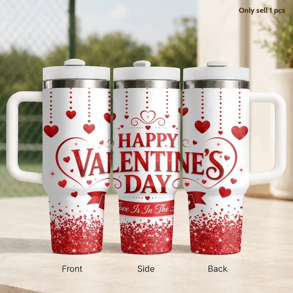 

Happy Valentine's Day Vacuum Flasks 40oz Stainless Steel Insulated Tumbler With Handle & Straw Leakproof Travel Mug