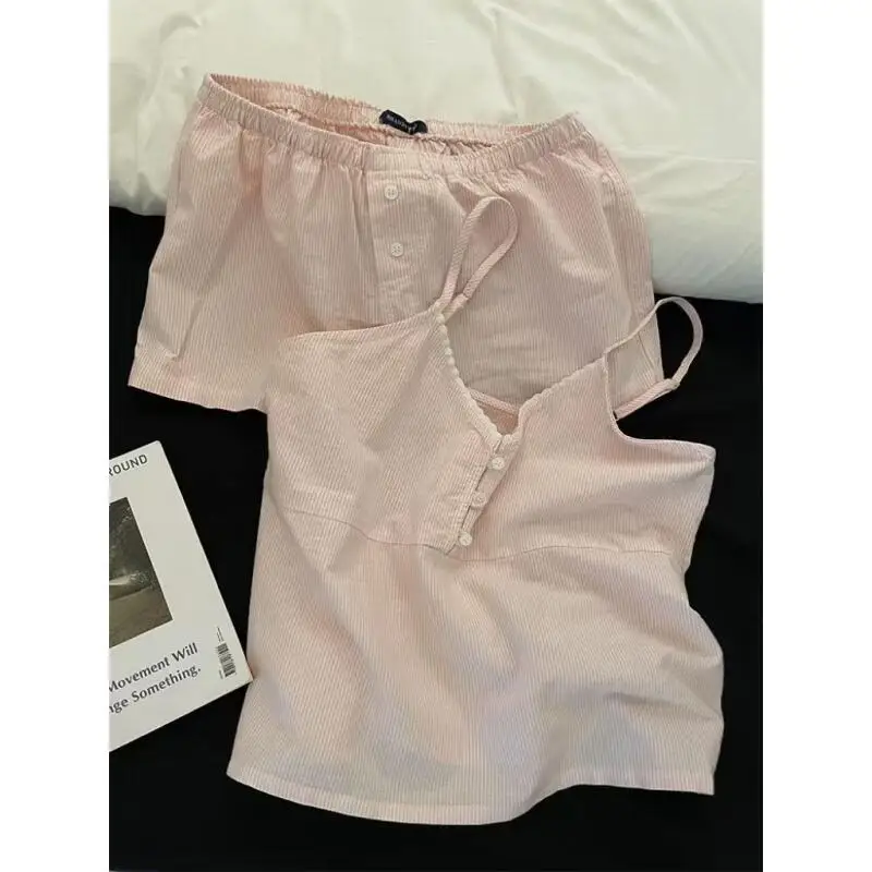 New Tank Shorts Pajamas Spring and Summer Sweet Style Bow Tie Pajamas Girl Long Sleeved Trousers Student Dormitory Home Clothes