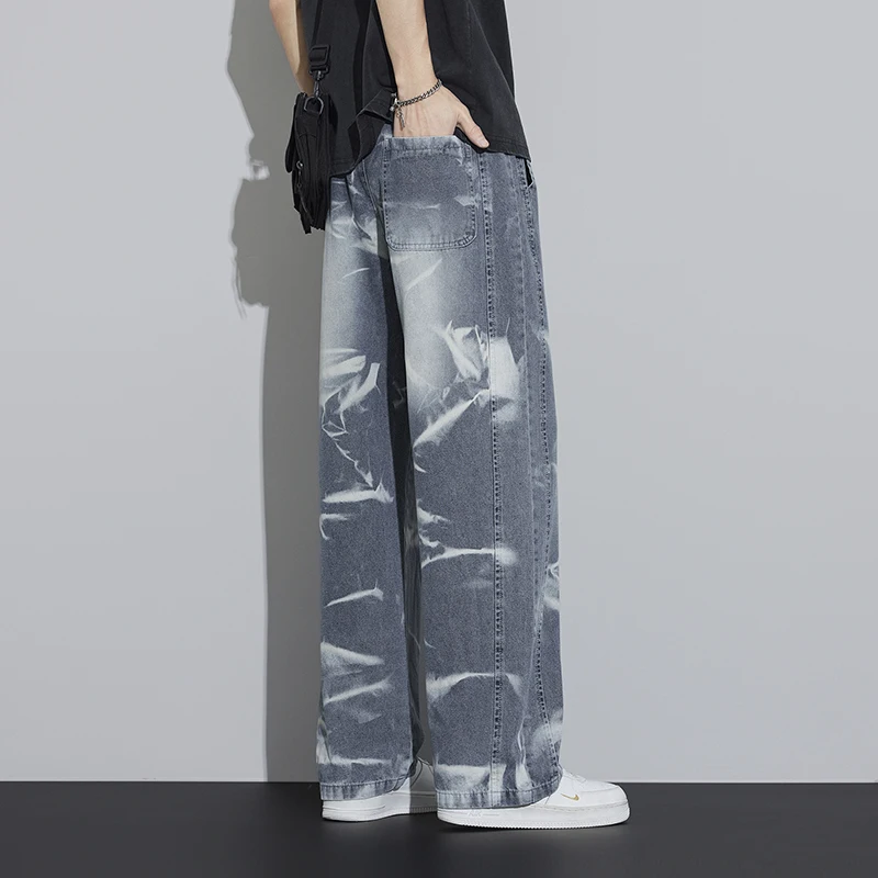 

Y2K Streetwear Tie‑Dye Zebra Pattern Men's Denim Pants 2026 Summer Thin American Vintage Plus Size Loose Straight Jeans
