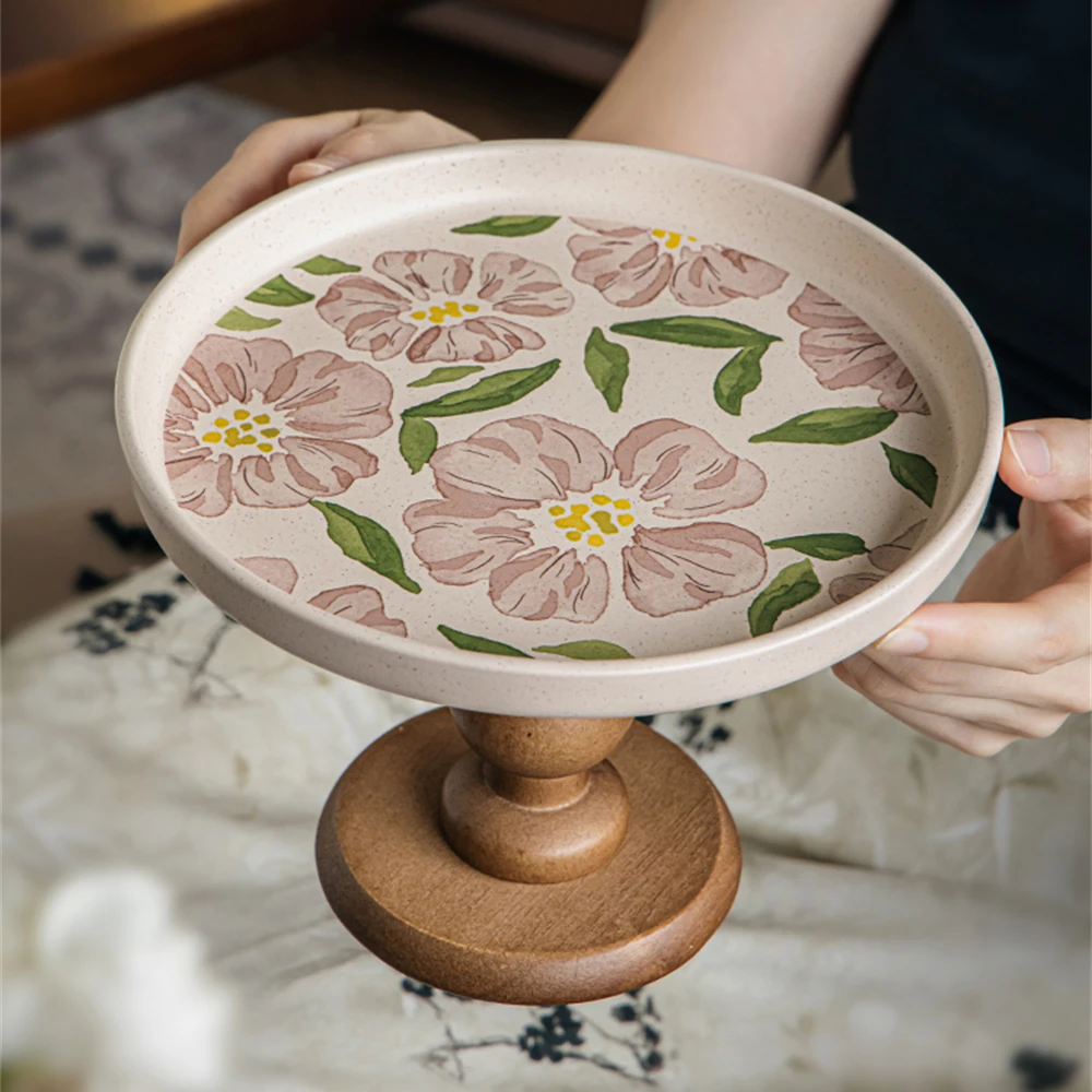 Wooden Ceramic High Foot Plate Fruit Plate Pastry Jewelry Storage Plate Porch Pink Flower Printing Storage Plate Ornaments