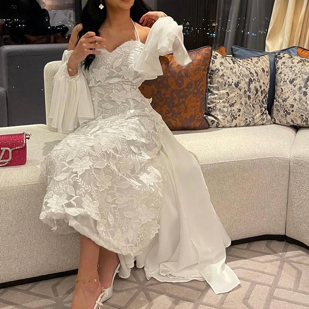 Elegant Straight Tea Length Strapless Organza Long Sleeves Pleats Evening Dress Fashion Photo Color فساتين سهره نسائيه فخمة