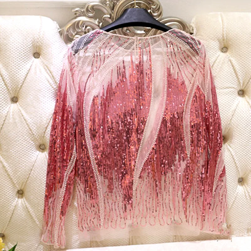 Runway Style Women Luxurious Beading Sequins Golden Pink Embroidery Sheer Long Sleeve Geometric Party Blouses Shirts NS702