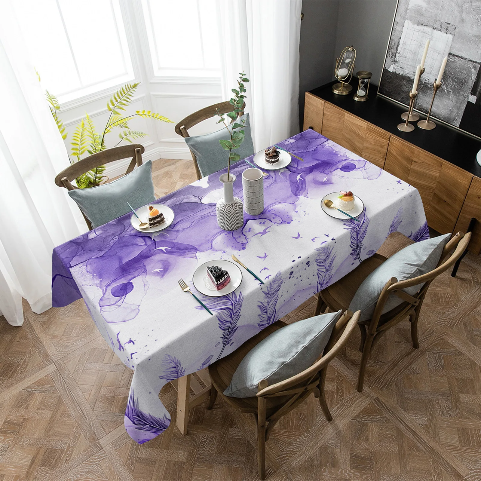 

Purple Feather Watercolor Waterproof Tablecloth Party Decorations Supplies Rectangle Table Cloth for Kitchen Table Decor