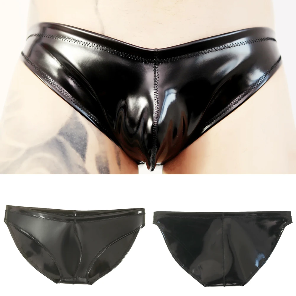 Men Sexy Cloth Latex Glossy Briefs Hip Wrap Bikini U Pouch Thongs Gay Sissy Tight Underwear Oily Shiny Panties Men's Underpants