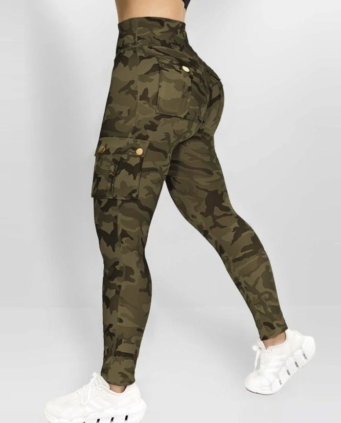 Casual camouflageprint gymlegging dames hoge taille skinny knooplegging met zak hoge taille push-up sport cargobroek