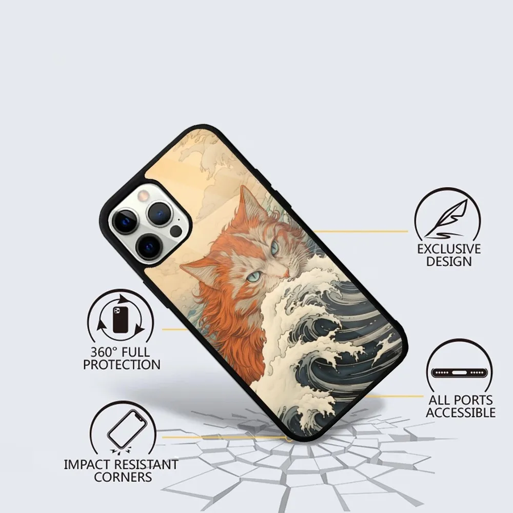 Japan The Great Wave of Kanagawa Cat  Phone Case For iPhone 15,14,13,12,11,Plus,Pro,Max Mini Magsafe Magnetic Wireless Charging