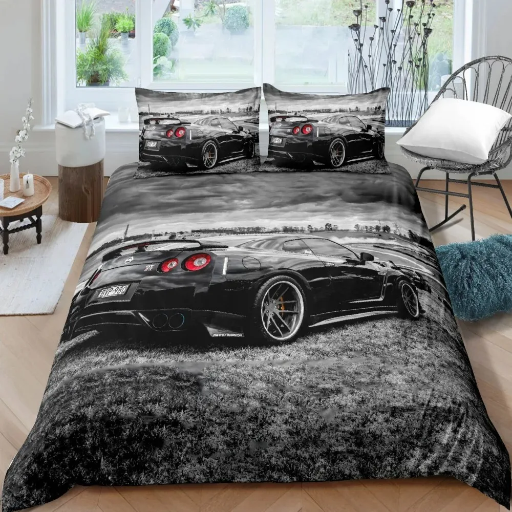 Luxurious Sports Car Bedding Set Black White Racing Bike Bed Linen Polyester Duvet Cover with Pillowcase for Teens