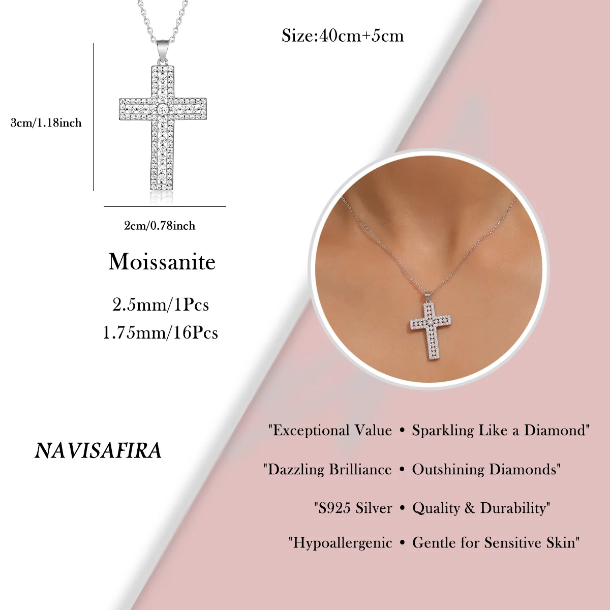 S925 Diamond-Studded Cross Pendant – Elegant Moissanite Inlay, Symbol of Faith and Strength, Perfect for All Occasions