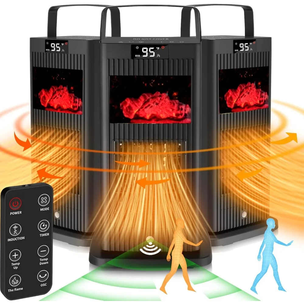 

2024 Upgraded Space Heater Mini Portable with Infrared Sensor & Fireplace Flame Effect 1500W Oscillating Portable Heater