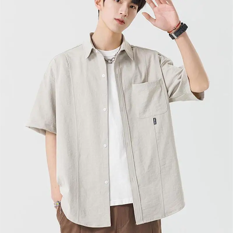 

Ice Silk Casual f Sve irt Jaet Summer Thin Loose Fit Color ort Sve Flip Collar Men's Faion Outerwear