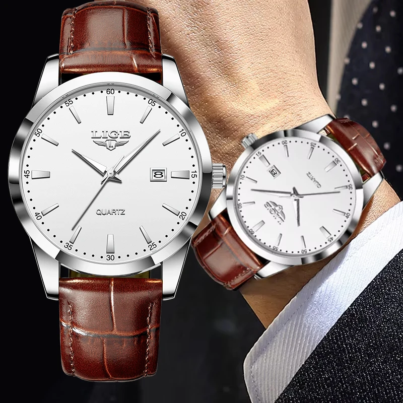 

LIGE Military Man Watch Fashion Mens Watches Leather Strap Sport Waterproof Calendar Quartz Wristwatches Male Clock Reloj Hombre