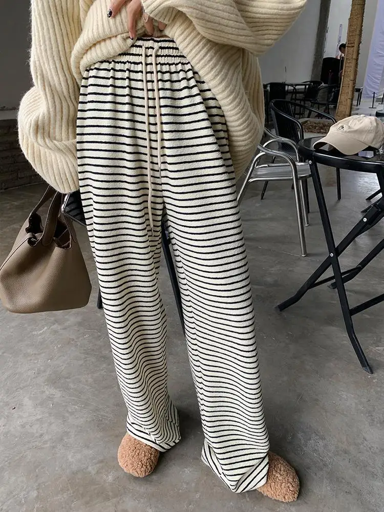 

90% cotton Early spring texture striped straight-leg women's loose drape and slim all-match high waist wide-leg mopping pants