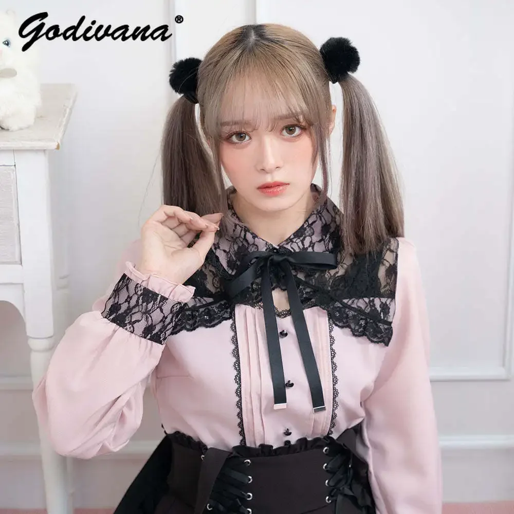 

Spring and Summer New Cute Japanese Style Sweet Blouse Women's Lace Hollow Out Bow Tie Long Sleeve Shirt Blusas Girls Tops