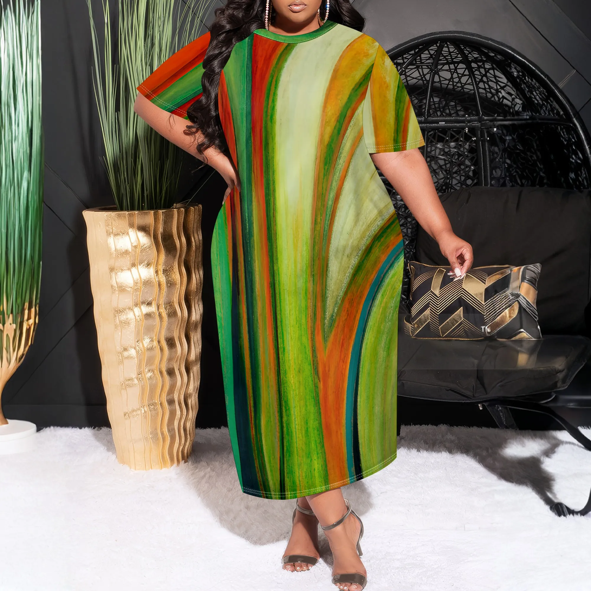 

Plus Size Abstract Print Casual Maxi Dress XL-6XL Loose Fit Short Sleeve Summer Outfit for Vacation & Lounge