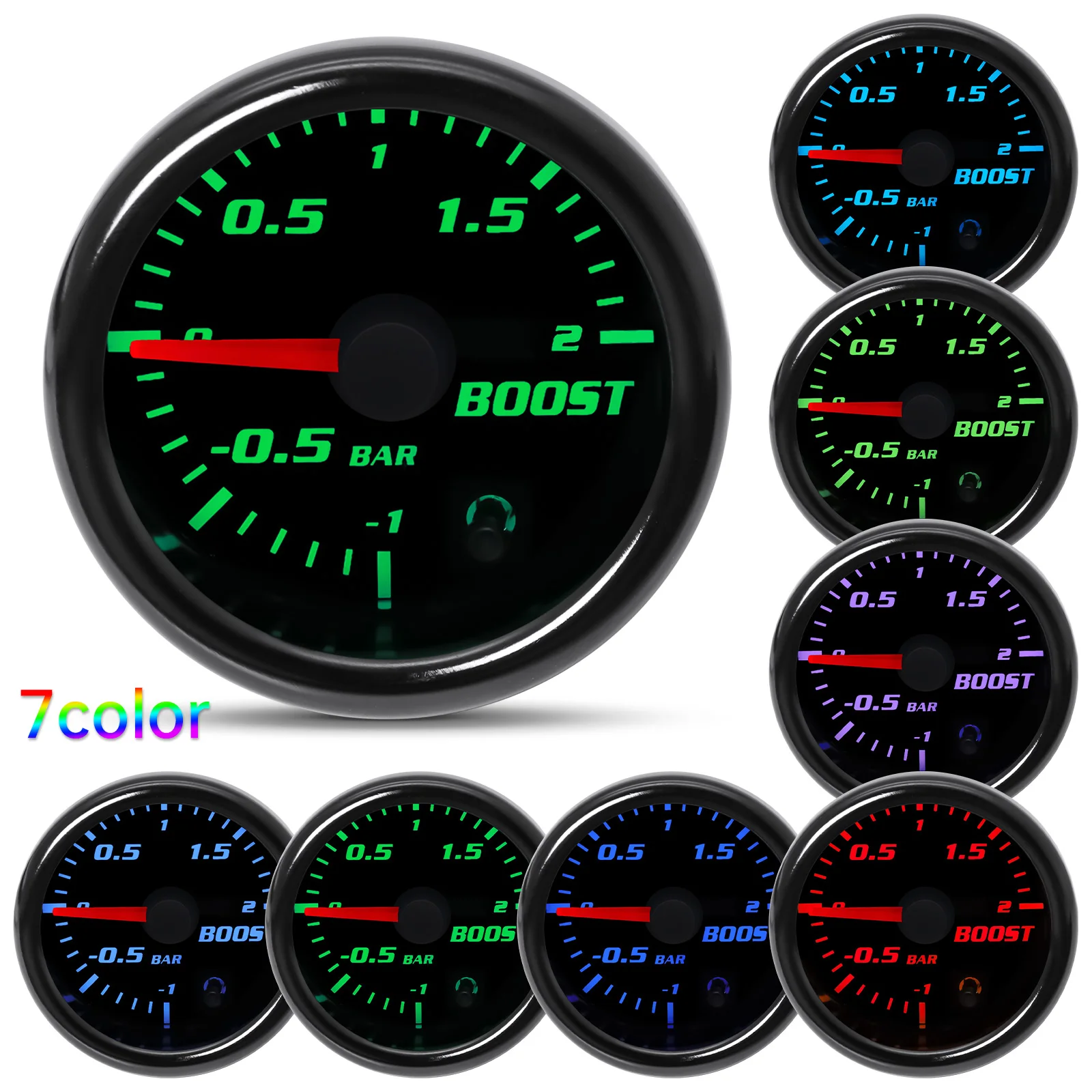 Turbo Boost Indicator 2 Inch 52MM Turbo Boost Gauge 7 Colors Backlight Car Meter for Vehicles Automobiles 12v Boost Sensor
