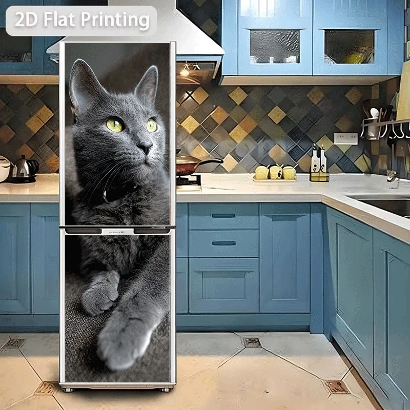 Refrigerator Sticker  Gray-Eyed Contemplation, Gray Cat Gazing Into The Distance, Soft Velvet Gray Shadow, Mysterious Gray Kit
