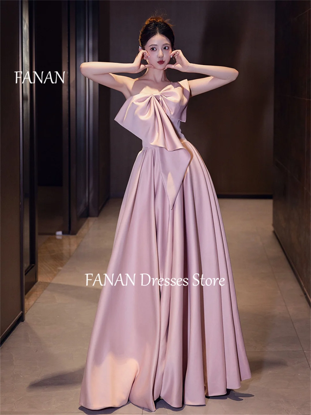 

FANAN Strapless Sleeveless Simple Evening Party Dresses Vintage Korea Pink Satin Wedding Women Formal Gowns Event Prom Gowns