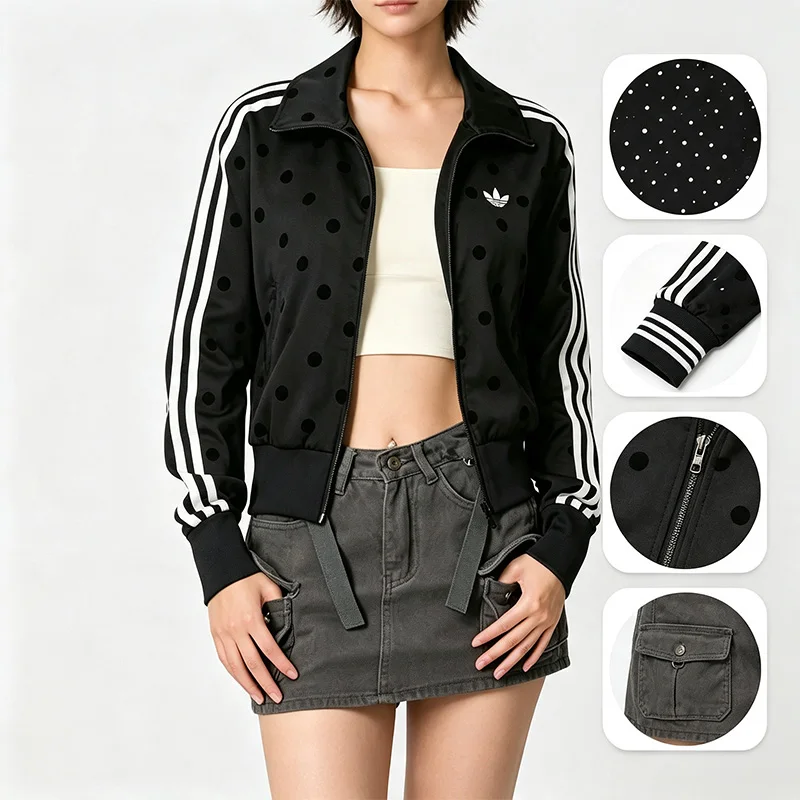 Adidas Trefoil Vintage Fashion Jack Women Knit Cropped Jacket Regular Fit Funnel Collar Full Zip Polka Dot Sports Outerwear 4