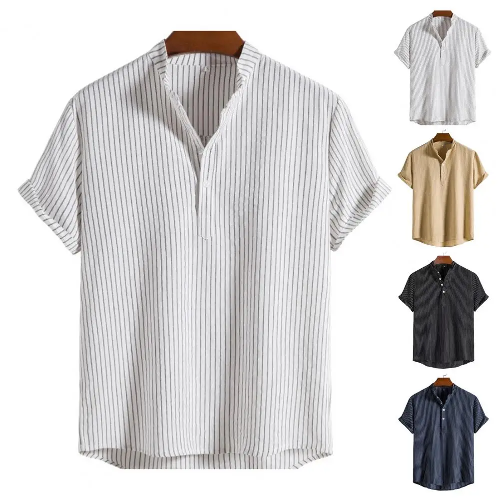 Men Summer Shirt Solid Color Stand Collar Men T-shirt	Loose Buttons Short Sleeves Men T-shirt Simple Style Mid Length Men Top