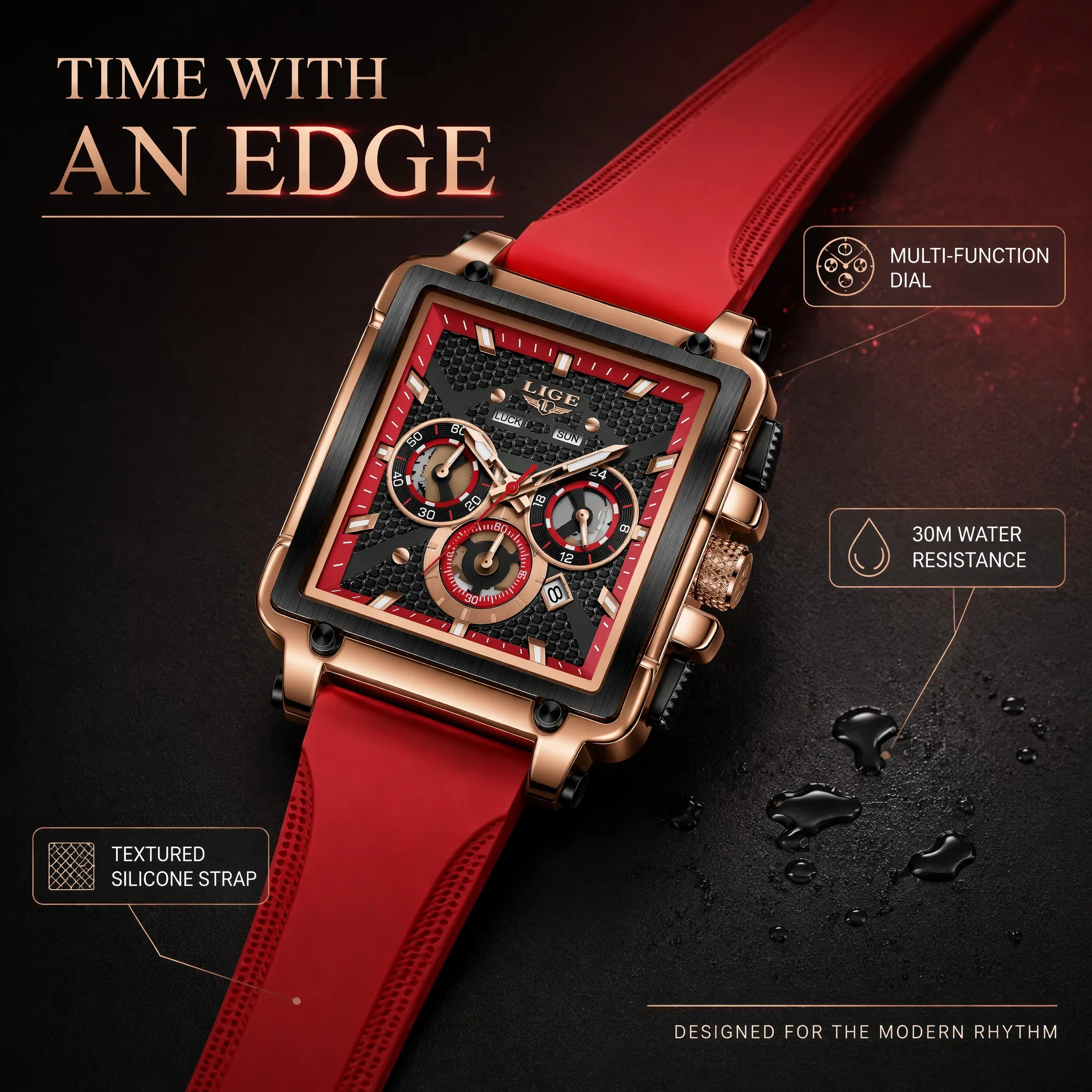 LIGE Fashion Sports Men Watches Large Dial Unique Rectangular Hollow Design Quartz Wristwatches Men Chrongraph Auto Date Watch