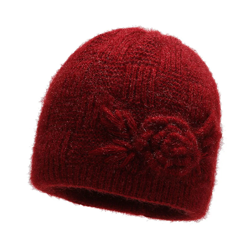 Women Warm Flower Beanie Cap Hat Lady Autumn Winter Thick Knitted MOM Grandmother Cap Hat For Women