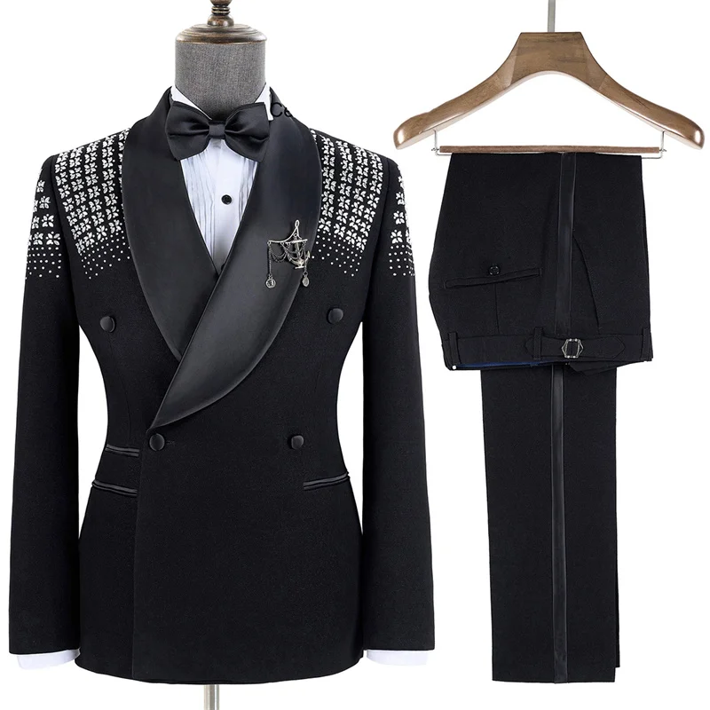 Royal Blue Men Suit Set 2 Piece Beaded Blazer+Pants Trousers Cotton Wedding Tuxedos Formal Office Jacket Prom Coat Customized