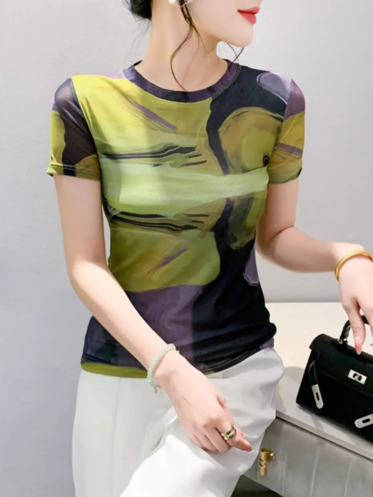 2024 Fashion Printed Striped Art Charming Knitted Female T-shirt Geometric Spring Summer O-neck Woman S-4XL Short Sleeves Mesh