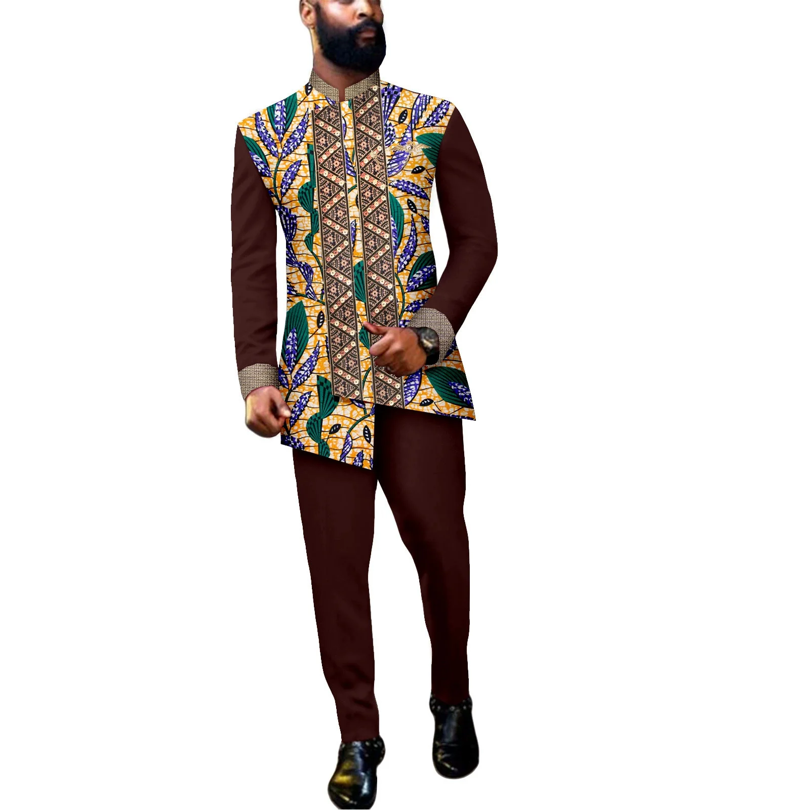 2025 أنيقة النمط الأفريقي الرجال بدلة فاخرة منقوشة شريط واحد الصدر دعوى وسراويل 2 قطعة بدلة عمل غير رسمية للرجال