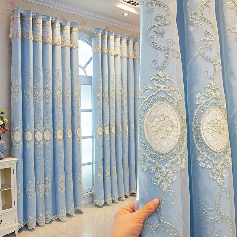 

European Luxury Curtains for Living Dining Room Bedroom Double Fabric Gauze One Finished Embroidery Gauze Blackout Custom Size