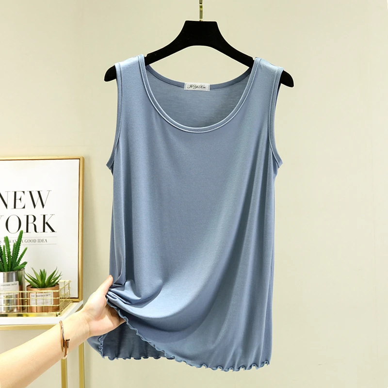 Summer Thin Modal Sleeveless Vest Women Loose Slimming Base Shirt Pure Color Inner Wear Wooden  Detail Casual Top
