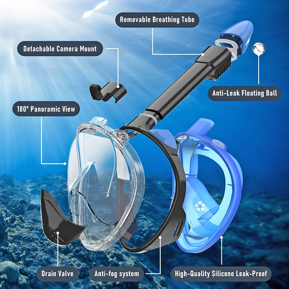 Full Face Snorkel Mask Wide View Anti-Fog Anti-Leak with Detachable Camera Mount Snorkeling Swimming Diving Mask for Adult Youth