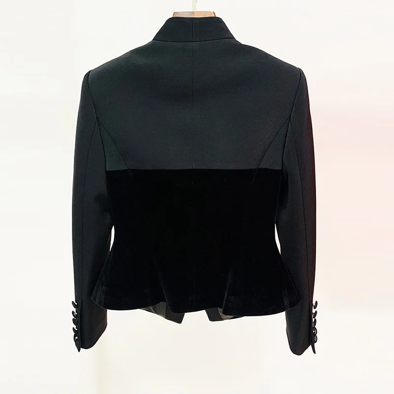 HKSH Autumn Winter New Women Blazer V-neck Slim Fit Velvet Patchwork Elegant Temperament Stylish High Street Chic Jacket HK11548