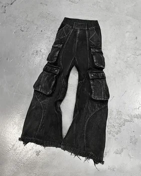 Americano retro gótico y2k lavado multi-bolso emenda jeans preto outono solto tendência de rua hip-hop rap calças de perna larga
