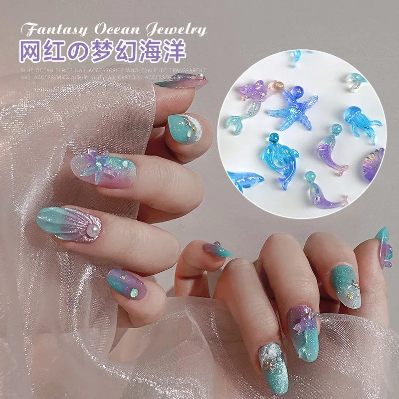 50pcs 3D Dream Ocean Series Luminous Nail Art Accessories Transparent Jellyfish Shell Resin Nail Charms Parts DIY Nail Art Decor