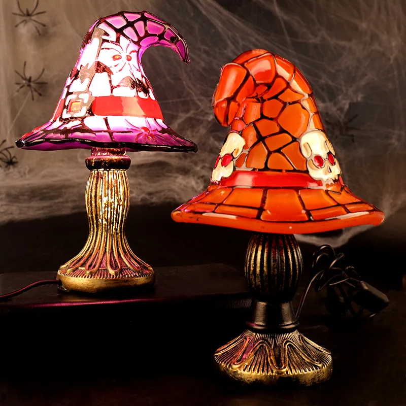 Halloween Resin Witch Hat Night Light Painted Wizard Hat Small Table Lamp Desktop Party Ambient Decoration Ornament