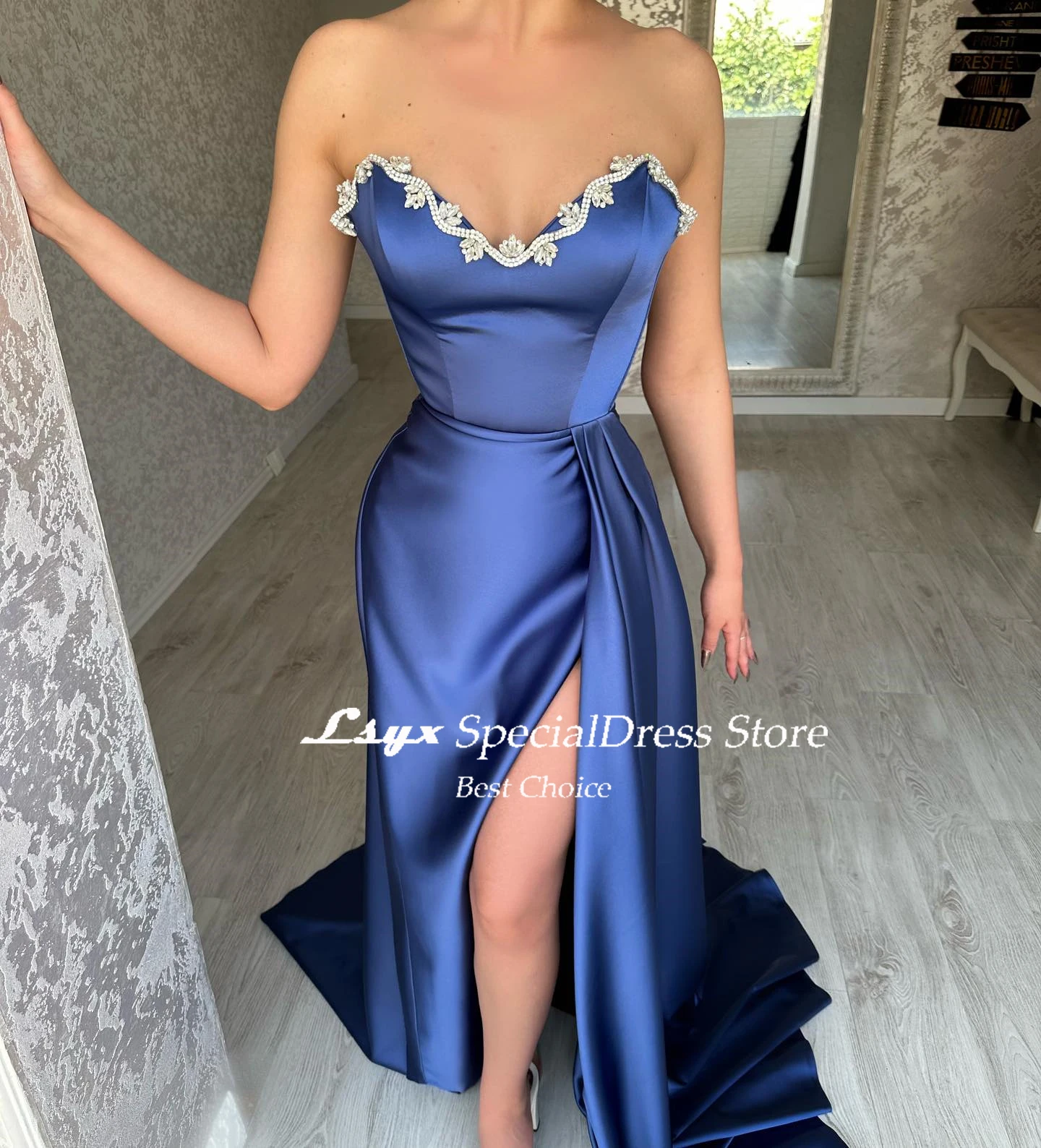 LSYX Satin Beading Crystal Strapless Sexy Evening Dress for Women Sweetheart High Side Slit Prom Gown Special Occasion Party