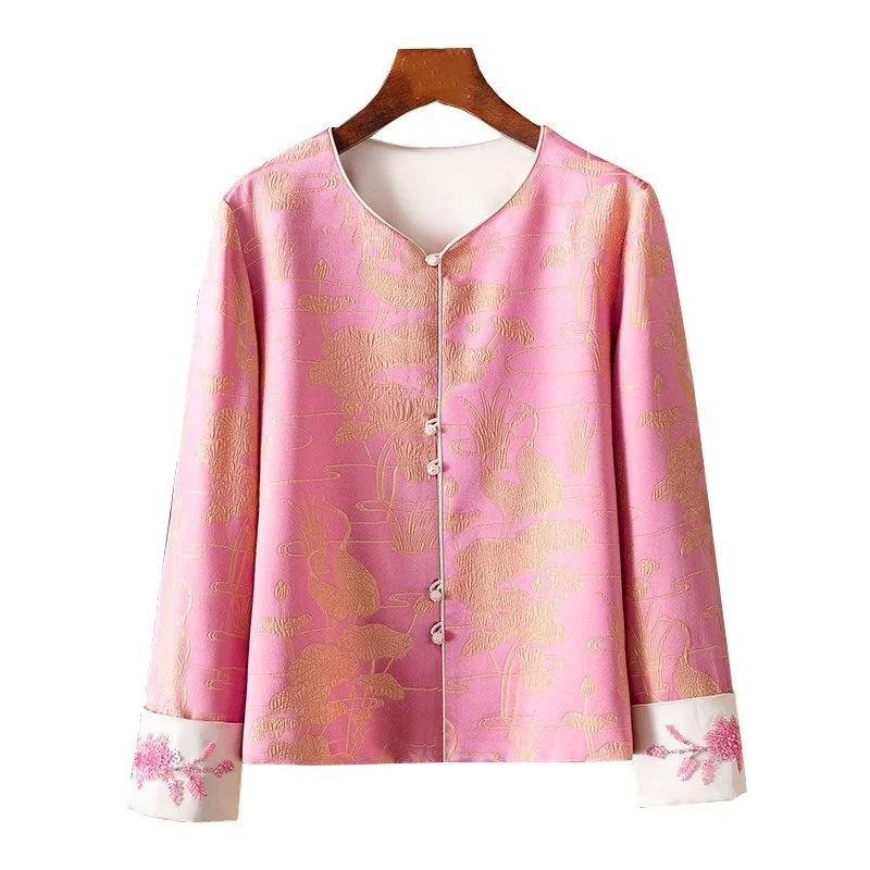 

Новая женская куртка в китайском стиле 2025Весна-Осень Жаккардовое пальто с длинными рукавами Элегантный костюм Тан Женский роскошный топ на одной пуговице Y2K