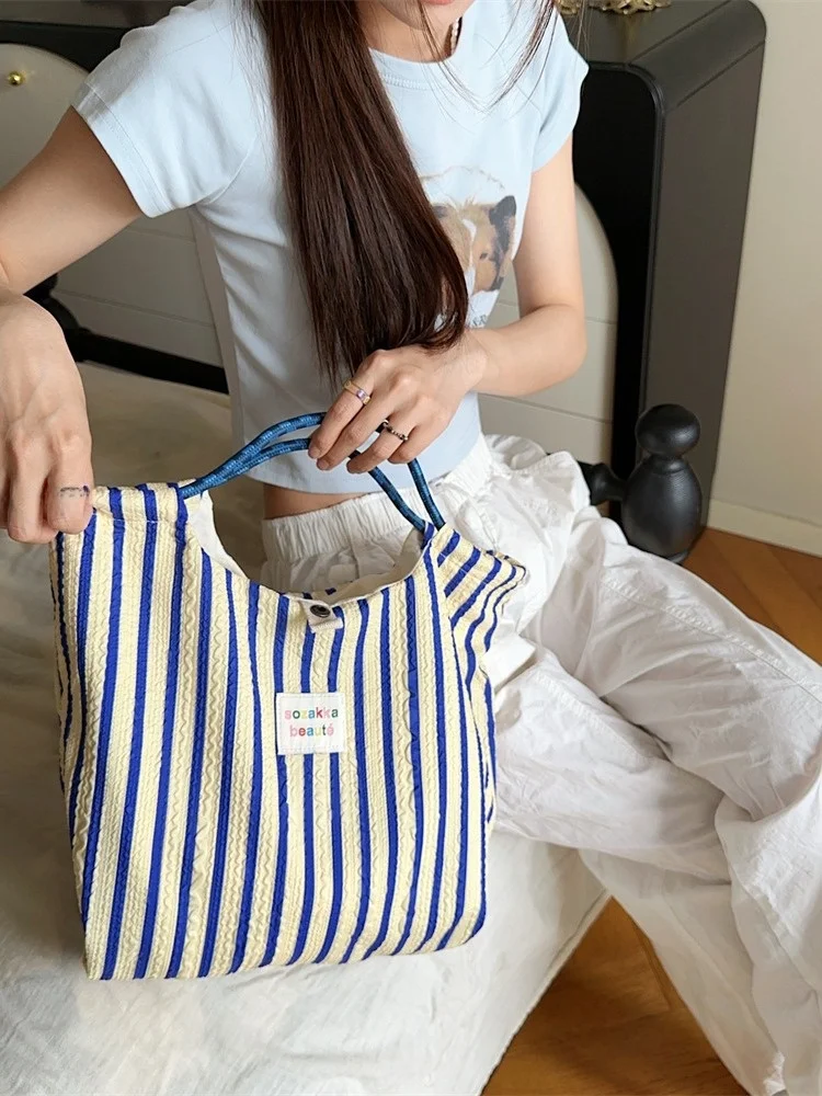 Trendy Striped Canvas Commuter Bag Women's Large Capaci oulder Bag Office Handbag Soft Tote Bag Korean Sle Summer 2025