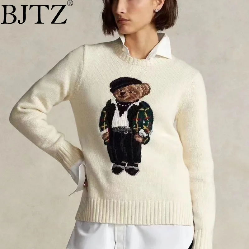 BJTZ Cotton Blend Cartoon Bear Decoration High Quality 2025 Autumn/Winter Women's Knitwear, Elasticity, Quality Blazers Cover 