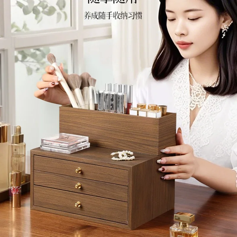 Three-grid brush holder, makeup brush storage, light luxury wooden finishing, remote control