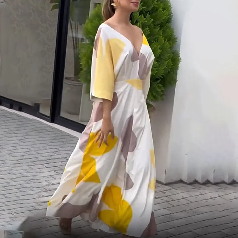 Elegante vestido colorido estampado feminino, combinação de cores, decote em v, Novo, Verão, 2022