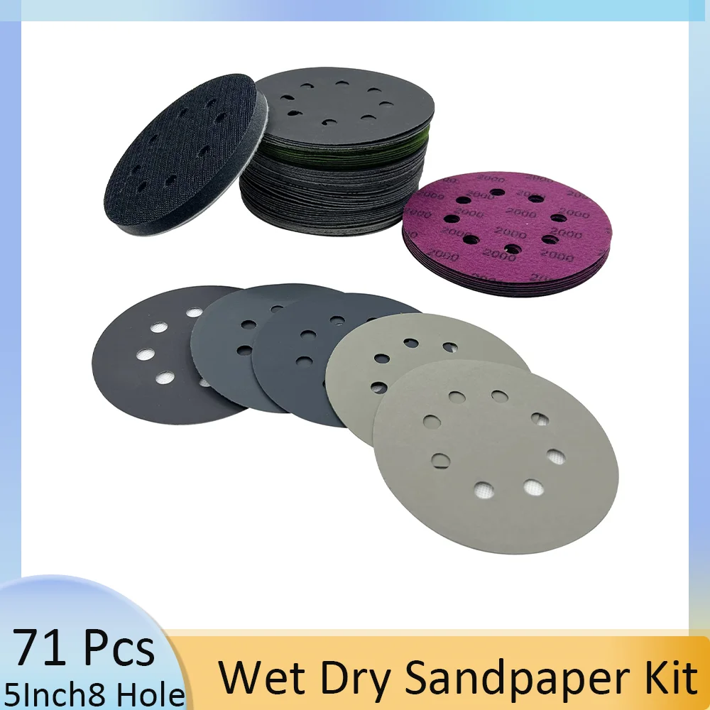 71Pcs 5 Inch 8 Hole Wet and Dry Sanding Paper Kit with Interface Pad Assorted Grit 600-5000 for Automotive Wooden Furniture